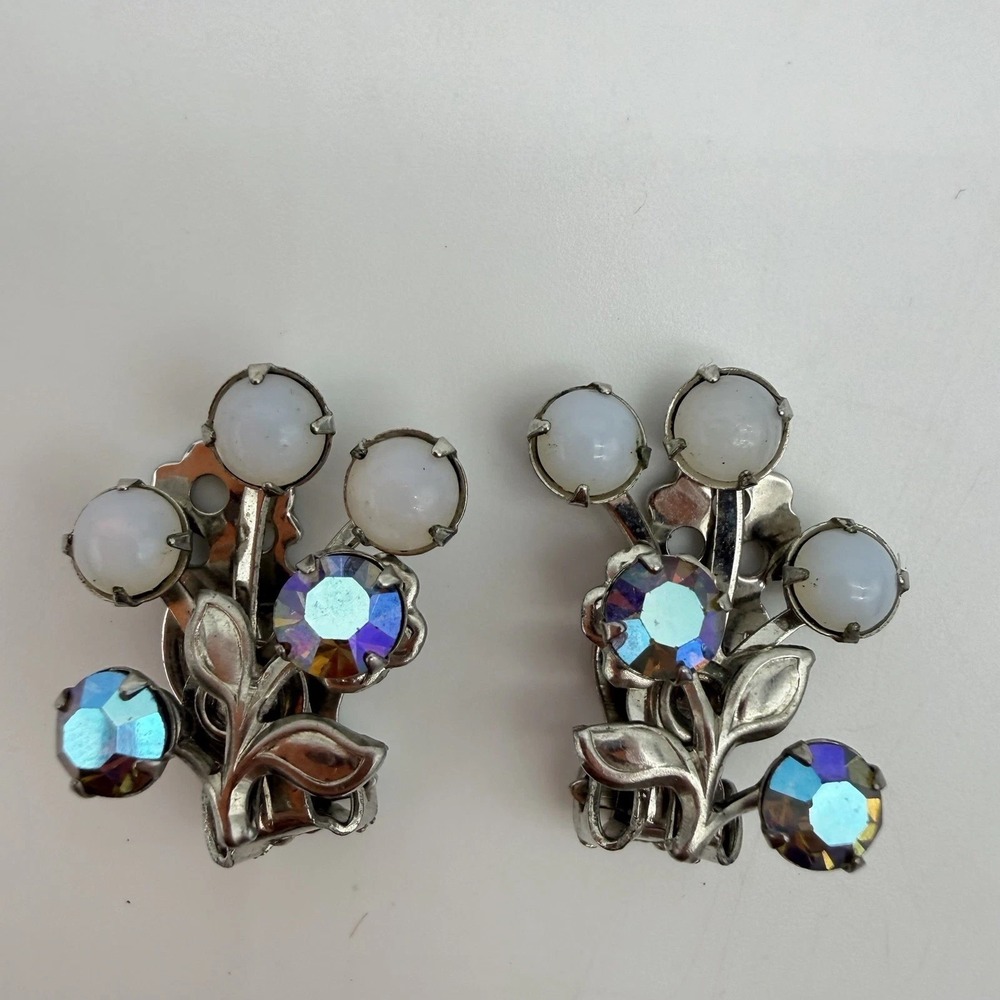 Vintage Spray Earrings Blue AB Rhinestone Opaline Glass Riveted Back Floral